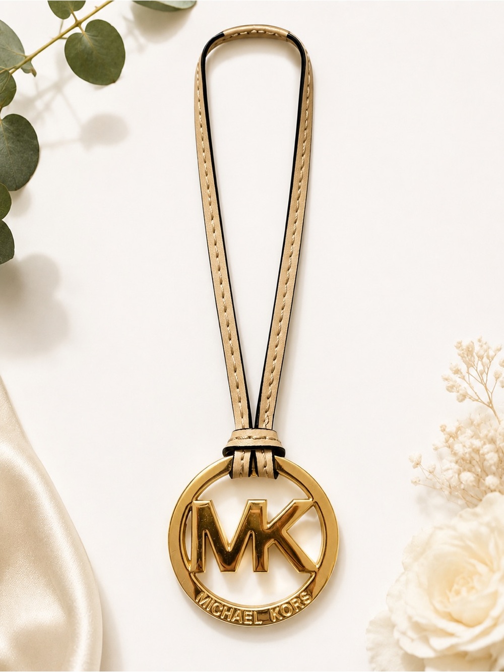 Michael Kors MK Gold Logo Replacement Bag Charm Hangtag Beige Leather 8.5”